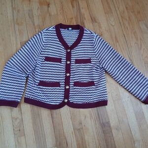 Maroon and White Striped Cardigan